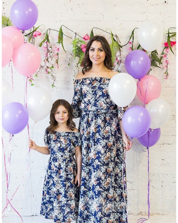 Комплект платьев Family Look для мамы и дочки Элегия М-244 синий цветочный