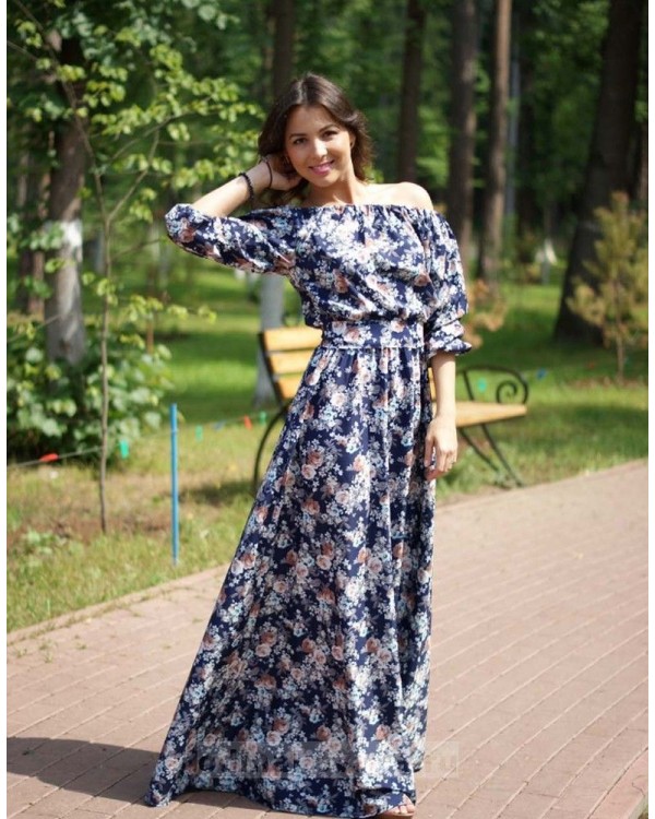 Длинное платье Элегия PLUS М-224 синий цветочный