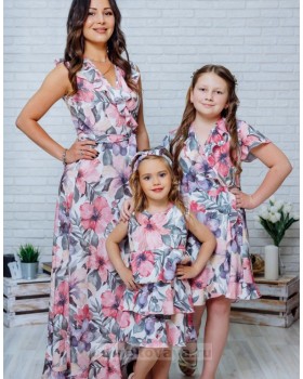 Комплект летних платьев Family Look для мамы и дочки Экзотика М-2082 цвет розовый