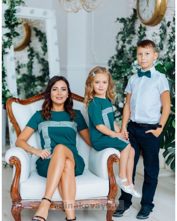 Комплект нарядных платьев в стиле Family Look для мамы и дочки Муза М-2150 темная бирюза