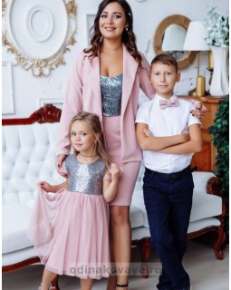 Комплект в стиле Family Look костюм для мамы и платье для дочки Меган М-2151 персиковый