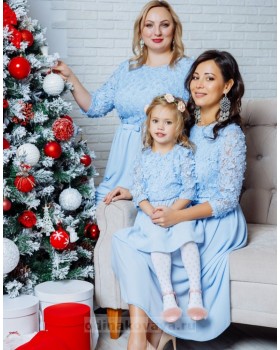 Комплект нарядных платьев мама и дочка Флёр М-2108 голубой