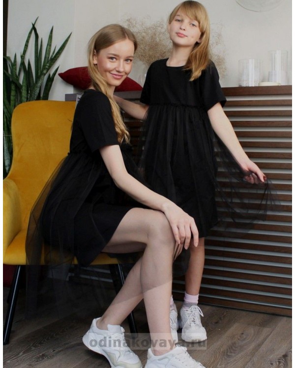Черные фатиновые платья для мамы и дочки, КМ2156