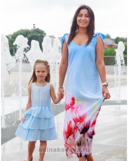 Комплект летних платьев из шифона в стиле family look Камелия  М-2135 голубой
