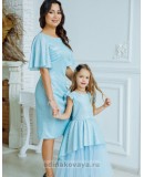 Праздничные платья для мамы и дочки блестящие с люрексом Белль М-2179 голубой
