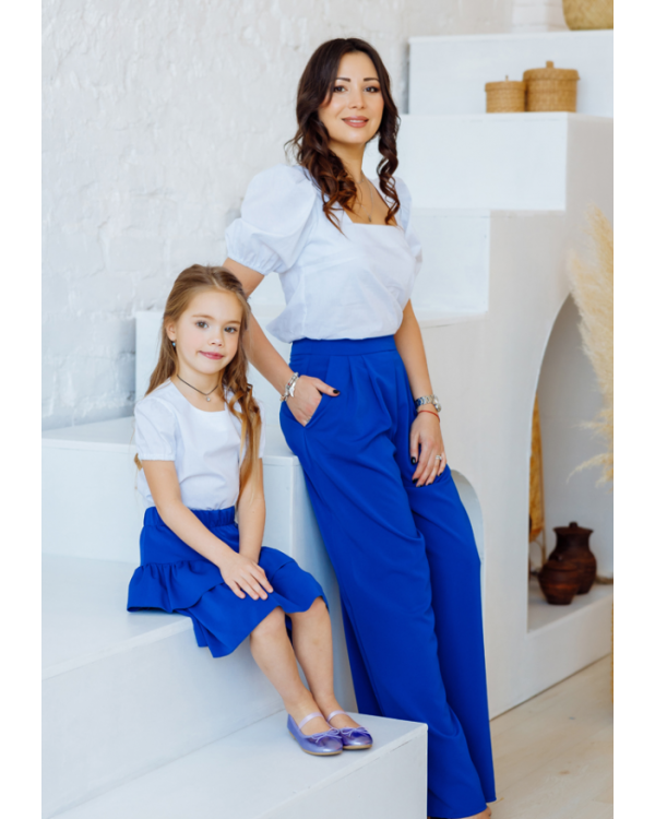 Комплект в стиле Family Look брюки для мамы и юбка для дочки Палаццо М-2186 василек