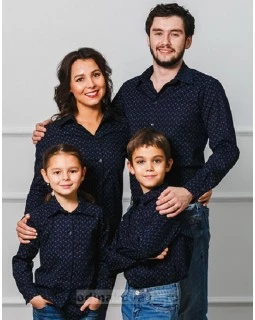 Комплект рубашек в стиле Family Look для мамы, папы, дочки и сына М-1001 синий
