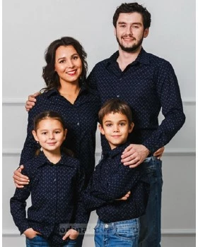 Комплект рубашек в стиле Family Look для мамы, папы, дочки и сына М-1001 синий