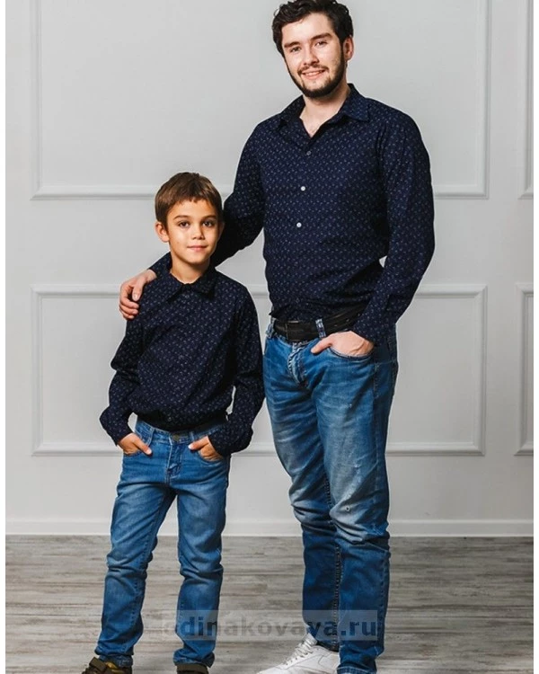 Комплект рубашек в стиле Family Look для мамы, папы, дочки и сына М-1001 цвет синий