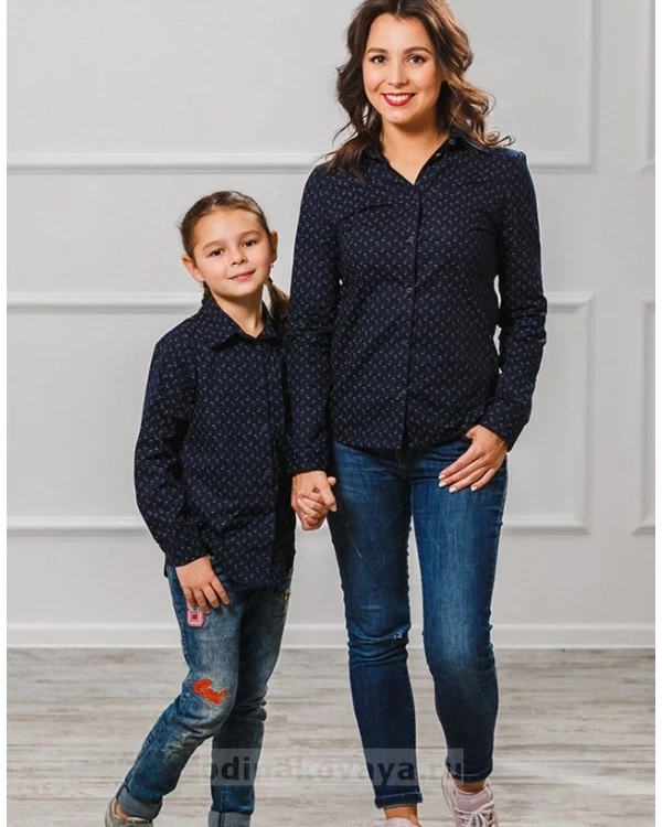 Комплект рубашек в стиле Family Look для мамы и дочки М-1001 цвет синий