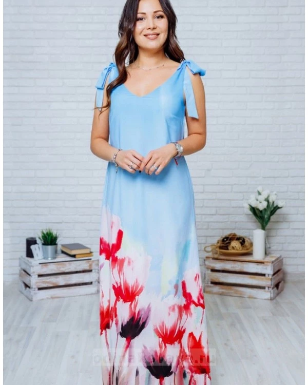 Длинное платье в пол с цветочным принтом Камелия М-1135 голубой