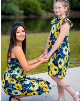 Летние платья в стиле Family Look для мамы и дочки Подсолнухи М-2138