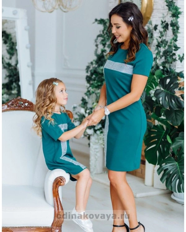 Комплект нарядных платьев в стиле Family Look для мамы и дочки Муза М-2150 темная бирюза