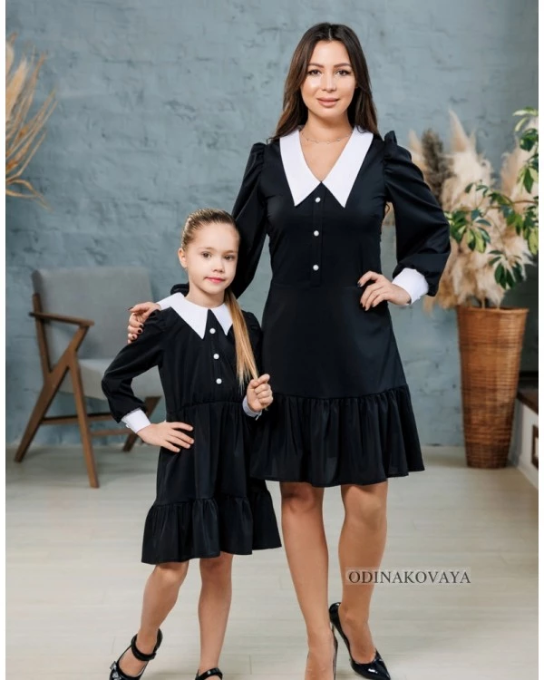 Комплект платьев с белым воротником в одном стиле для мамы и дочки Аддамс М-2207 черный