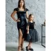 Комплект нарядных бархатных платьев в одном стиле для мамы и дочки Николь М-2201 бчерный