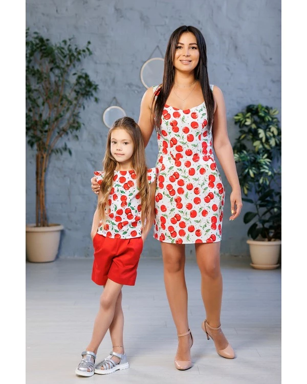 Комплект в стиле family look женское платье и шорты с топом для девочки Вишенки М-2219